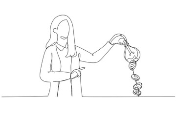 Illustration of businesswoman hand shaking the lightbulb idea to earn money. One line art style
