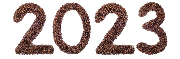 New Year 2023 made of coffee beans on white background. 2023 coffee background. Coffee, coffee shop, cafe, coffee advertising concept