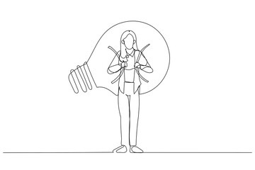 Drawing of businesswoman carry idea concept creating business opportunity. Single line art style