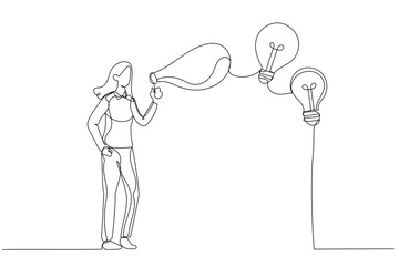 Cartoon of businesswoman blowing soap bubble into innovation bright light bulb ideas metaphor of creativity. Single continuous line art style