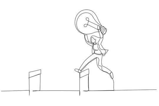 Drawing of businesswoman jumping over hurdle. Single line art style