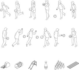 Kids playing bowling icons set. Isometric set of kids playing bowling vector icons for web design isolated on white background outline