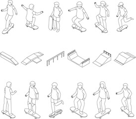 Children skateboarding icons set. Isometric set of children skateboarding vector icons for web design isolated on white background outline