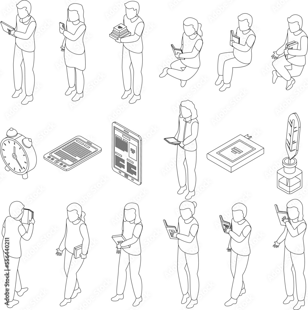 Poster children reading icons set. isometric set of children reading vector icons for web design isolated o