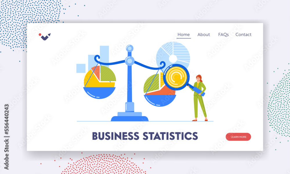 Poster business statistics landing page template. tiny character analyzing circular chart on huge scales, b