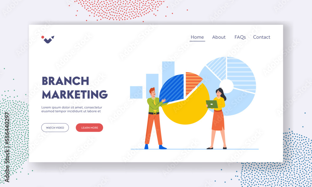 Poster branch marketing landing page template. tiny business characters analyzing charts and diagrams vecto