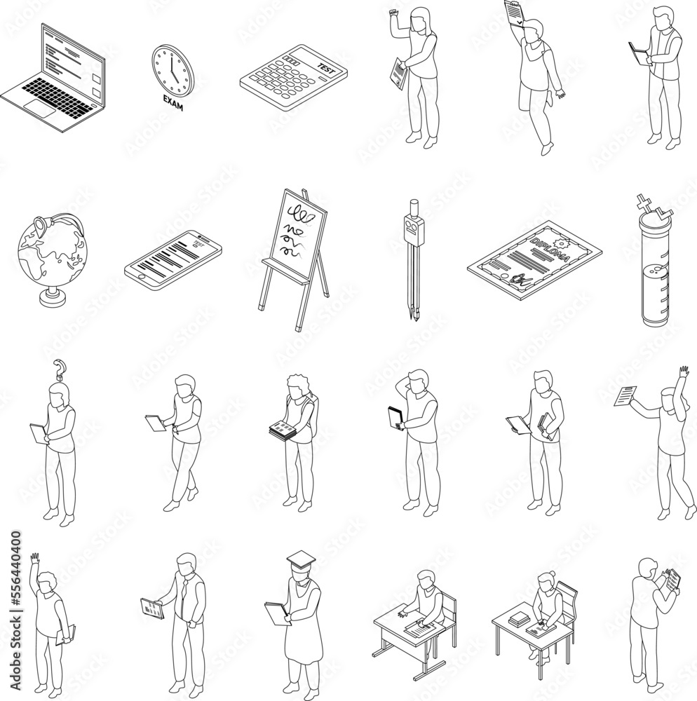 Poster school test icons set. isometric set of school test vector icons for web design isolated on white ba