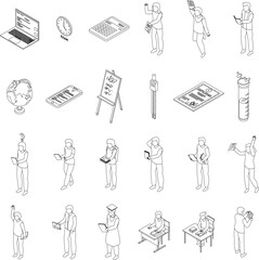 School test icons set. Isometric set of school test vector icons for web design isolated on white background outline