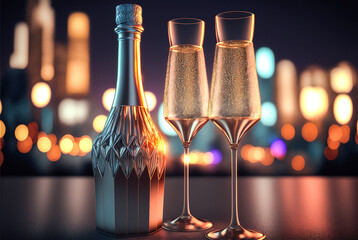A New Year and Happy Birthday celebratory scene of a bottle of champagne and two glasses set against a backdrop of a cityscape at night, Generative AI