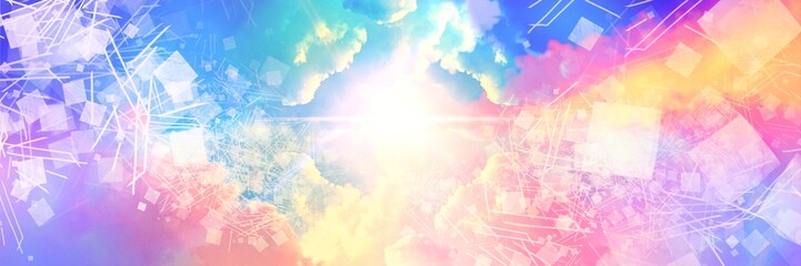 Wide size fantasy landscape illustration of a beautiful heavenly entrance with geometric textures shining divinely through rainbow-colored clouds.