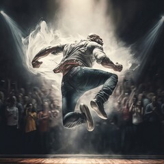 A performer on stage, captured in a moment of energetic and captivating performance
