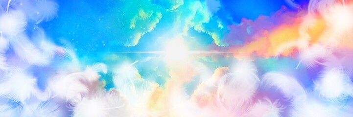 Fototapeta na wymiar Wide size fantasy landscape illustration of a beautiful entrance to heaven and fluffy white wings of angels dancing, shining divinely through the rainbow-colored clouds.