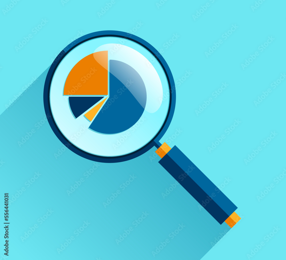 Poster magnifying glass icon in flat style. search loupe and diagrams on color background. zoom progress ch