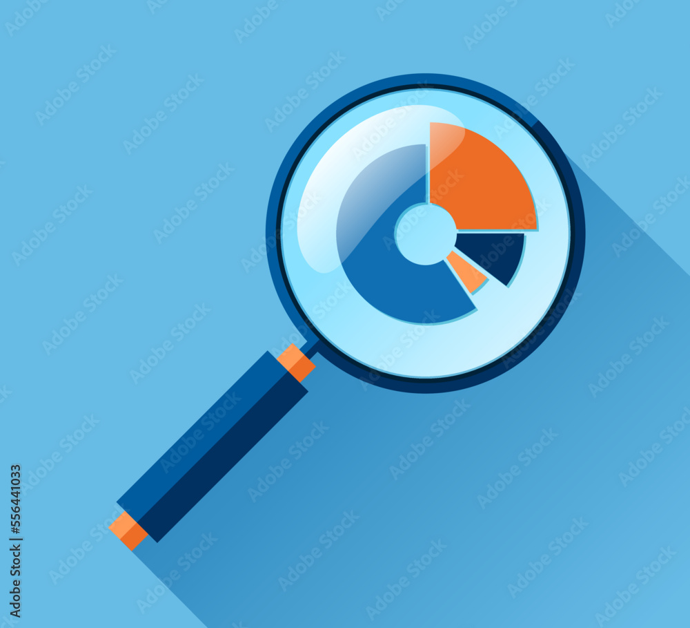 Poster magnifying glass icon in flat style. search loupe and diagrams on color background. zoom progress ch