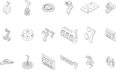 Lucky 7 icons set. Isometric set of lucky 7 vector icons for web design isolated on white background outline