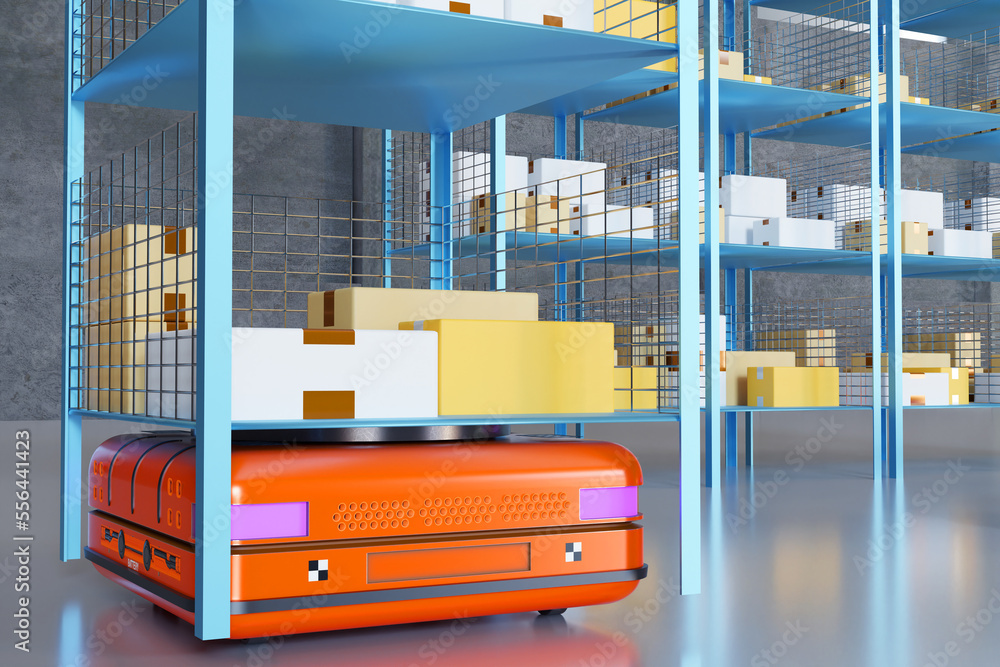 Poster warehouse robot close-up. robotic warehouse processes. robotic cart lifts shelves with boxes. automa