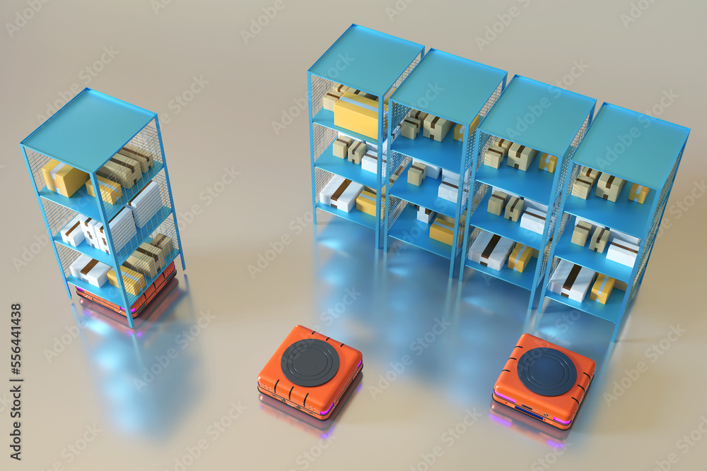 Poster agv robots with magnetic disk. automated warehouse top view. lifting warehouse robots on grey. unman