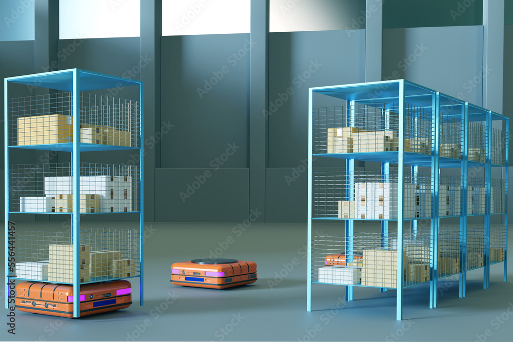 Poster lifting warehouse robots. autonomous stick carts. warehouse automation technology. robotic carts wit
