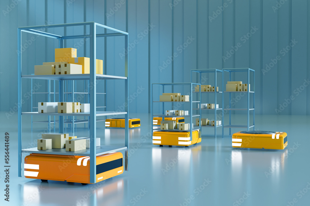 Poster storage machines. high tech warehouse. autonomous robots transport shelves. racks with boxes by auto