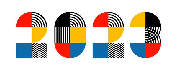 2023 Happy New Year. Artistic geometric printing type. Stylized alphabet