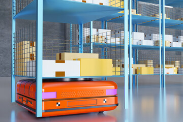 Warehouse robot close-up. Robotic warehouse processes. Robotic cart lifts shelves with boxes. Automated Guided Vehicles. Automation of warehouse logistics. Innovative ways to sort packages. 3d image