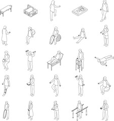 Physical therapist icons set. Isometric set of physical therapist vector icons for web design isolated on white background outline