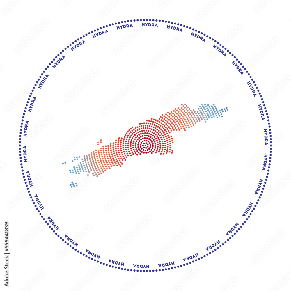 Poster hydra round logo. digital style shape of hydra in a dotted circle with the island name. tech icon of
