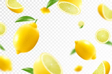 Foto op Plexiglas Lemon citrus background. Flying Lemon with green leaf on transparent background. Lemon falling from different angles. Focused and blurry fruits. Realistic 3d vector illustration . © Инна Харламова