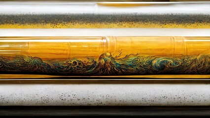 Traditional Elegant, elegant, dramatic and luxurious Japanese style Katsushika Hokusai style graphic elements of Ukiyo-e with green wave shapes and gorgeous patterns in golden Cylinder generated by Ai