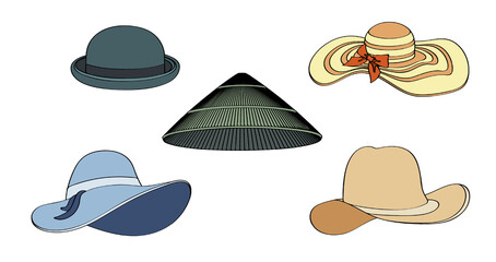 Set of women and men headwear hats with wide round brim. Protection of head from the sun. Simple cartoon vector isolated on white background