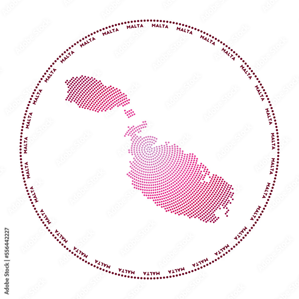 Poster malta round logo. digital style shape of malta in dotted circle with island name. tech icon of the i
