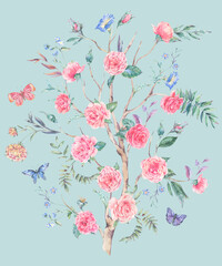 Watercolor garden rose bouquet, blooming tree, Chinoiserie illustration isolated on blue