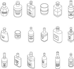 Bourbon icons set. Isometric set of bourbon vector icons for web design isolated on white background outline