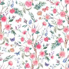 Watercolor garden rose bouquet, blooming tree seamless pattern, Chinoiserie floral texture on white - 556442250