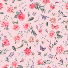 Watercolor vintage garden rose bouquet seamless pattern, botanical floral texture on pink