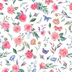 Watercolor vintage garden rose bouquet seamless pattern, botanical floral texture on white