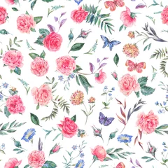 Gordijnen Watercolor vintage garden rose bouquet seamless pattern, botanical floral texture on white © depiano