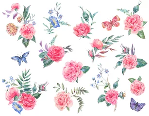 Fotobehang Tropische Bladeren Watercolor set of vintage garden rose bouquet greeting card, botanical floral illustration isolated on white  © depiano