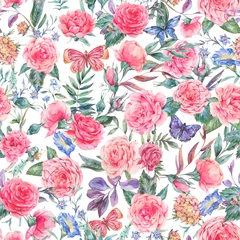 Fotobehang Watercolor vintage garden pink rose bouquet seamless pattern, botanical floral texture on white © depiano