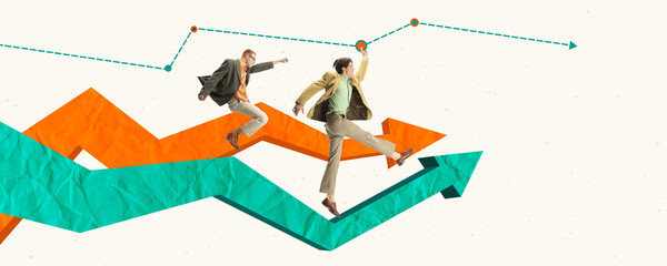 Contemporary art collage. Creative design. Motivated, ambitious men, employees having professional...