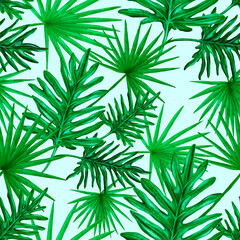 Fototapeta na wymiar Watercolor seamless pattern with tropical leaves. Beautiful allover print with hand drawn exotic plants. Swimwear botanical design.
