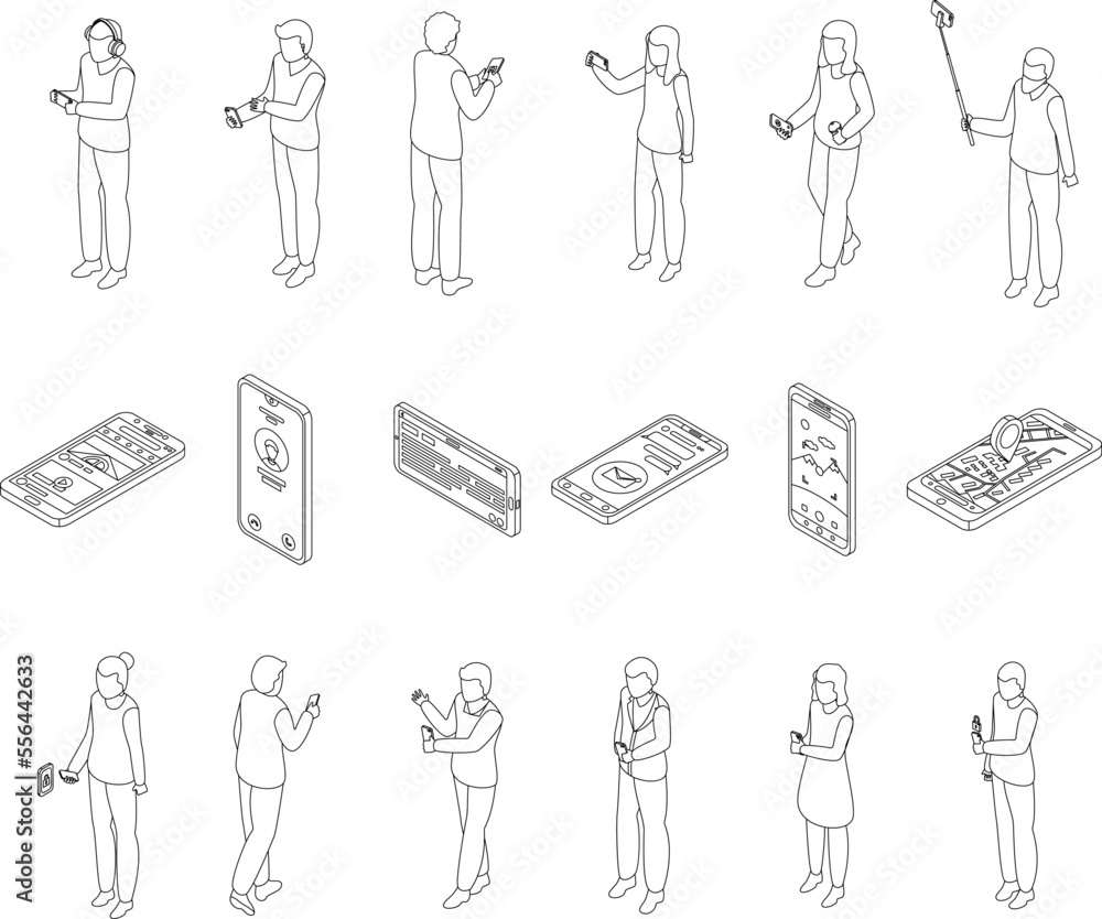 Poster using smartphone icons set. isometric set of using smartphone vector icons for web design isolated o