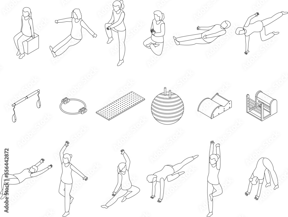 Poster pilates icons set. isometric set of pilates vector icons for web design isolated on white background
