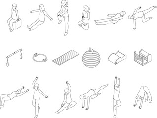Obraz premium Pilates icons set. Isometric set of pilates vector icons for web design isolated on white background outline