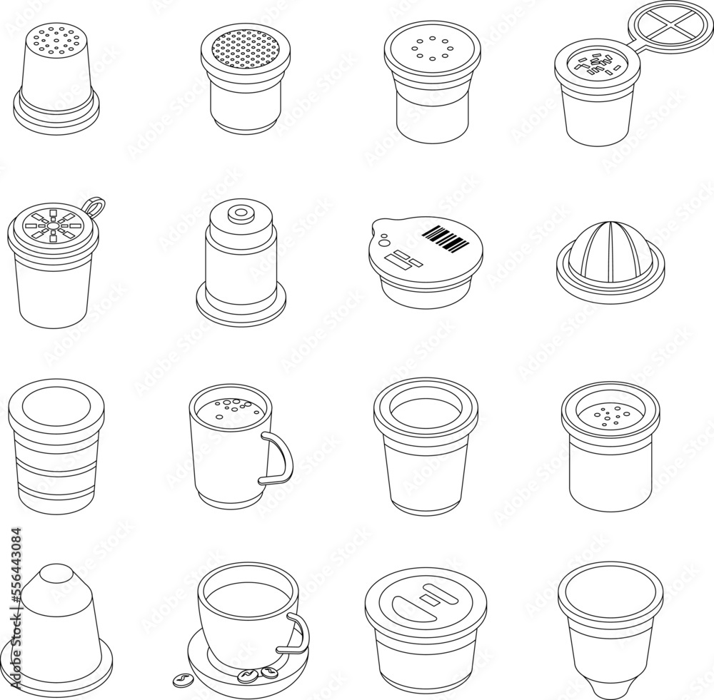 Poster capsule coffee icons set. isometric set of capsule coffee vector icons for web design isolated on wh