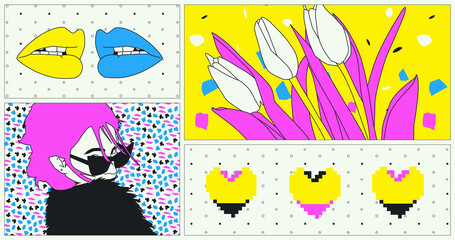 Fototapeta premium Fashion illustration. Comic collage set. Trendy retro design. Lady Vintage disco girl, back in 80s