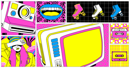 Fashion illustration. Comic collage set. Trendy retro design.   Vintage disco mood, back in 80s