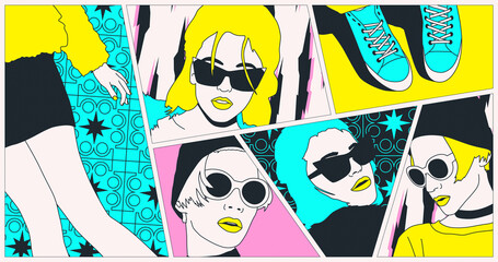 Fashion illustration. Comic collage set. Trendy look stylish disco girl, back in 90s