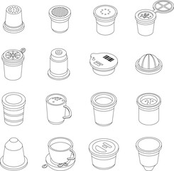 Capsule coffee icons set. Isometric set of capsule coffee vector icons for web design isolated on white background outline