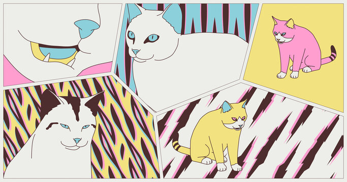 Fashion illustration. Comic collage set. Trendy retro design.  Funny kitty cat